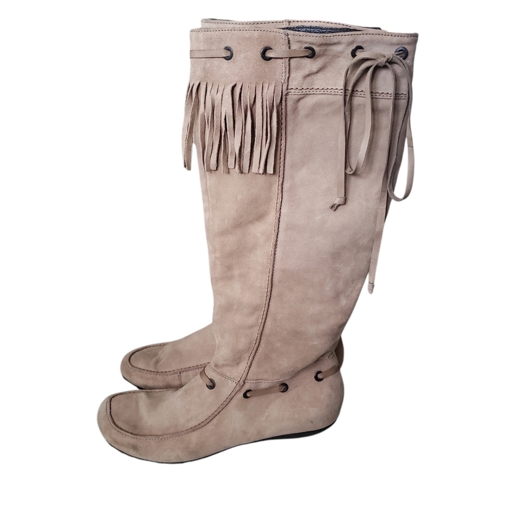 Vic Matie Beige Suede Tall Boots Fringed Boho Moccasin Style Made in Italy